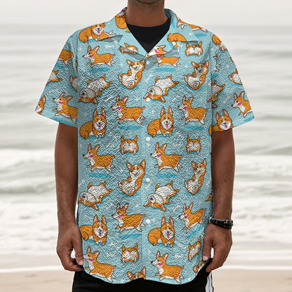 Happy Corgi Pattern Print Textured Short Sleeve Shirt