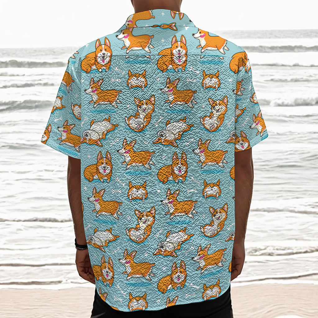 Happy Corgi Pattern Print Textured Short Sleeve Shirt