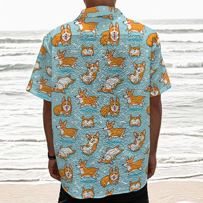 Happy Corgi Pattern Print Textured Short Sleeve Shirt