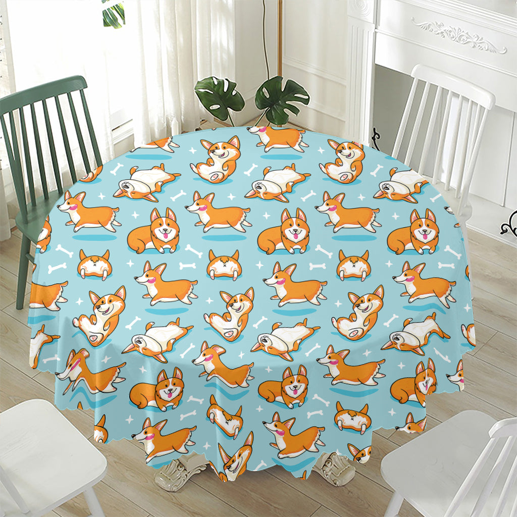 Happy Corgi Pattern Print Waterproof Round Tablecloth