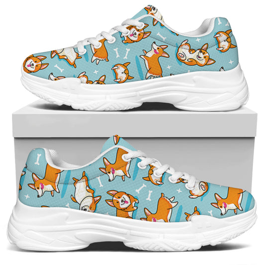 Happy Corgi Pattern Print White Chunky Shoes