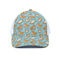 Happy Corgi Pattern Print White Mesh Trucker Hat