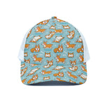 Happy Corgi Pattern Print White Mesh Trucker Cap