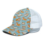 Happy Corgi Pattern Print White Mesh Trucker Cap