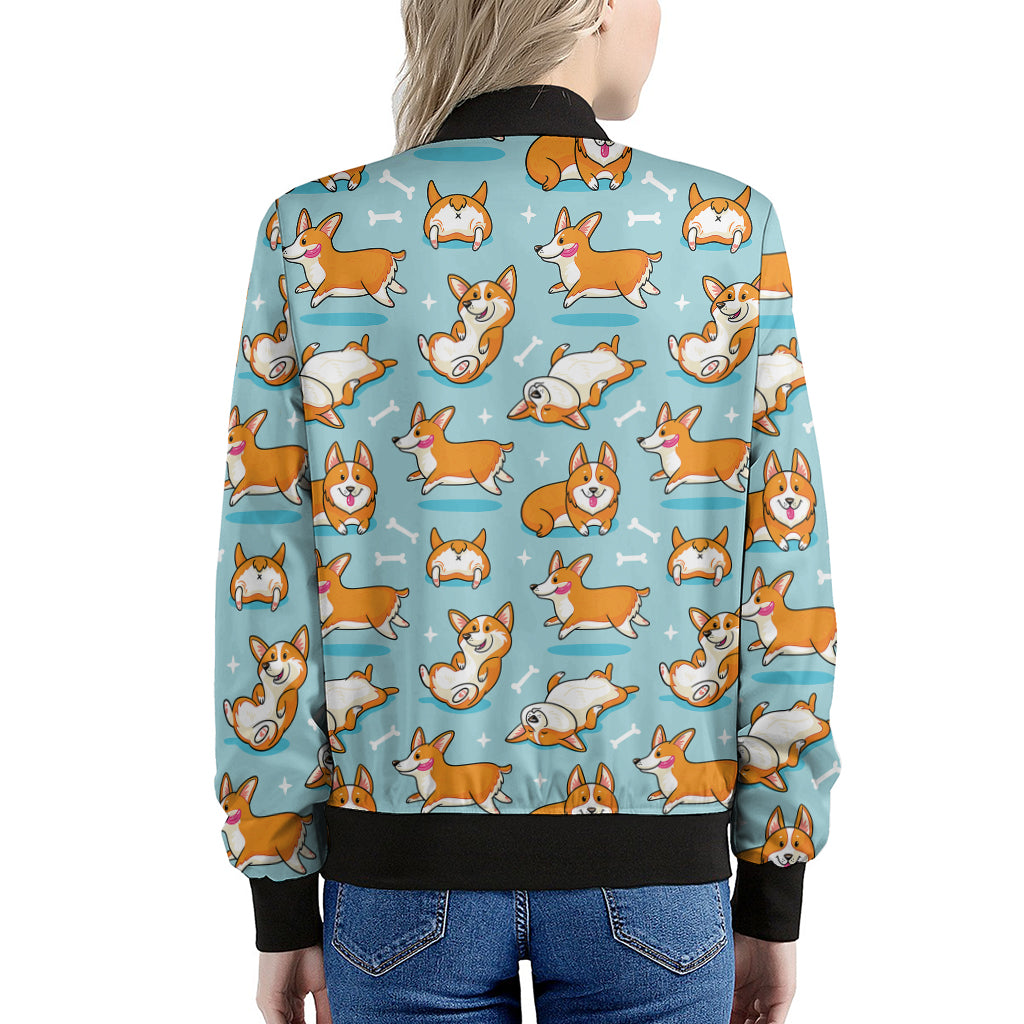 Happy Corgi Pattern Print Women's Bomber Jacket