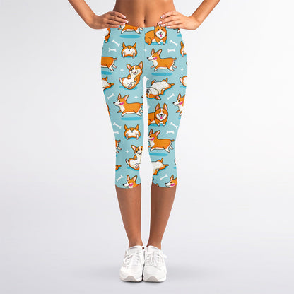 Happy Corgi Pattern Print Women's Capri Leggings