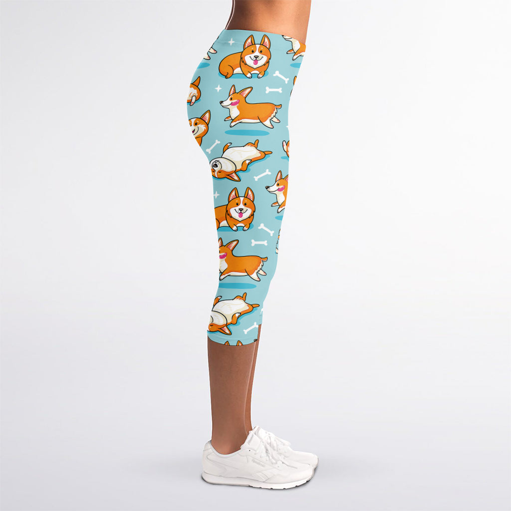 Happy Corgi Pattern Print Women's Capri Leggings