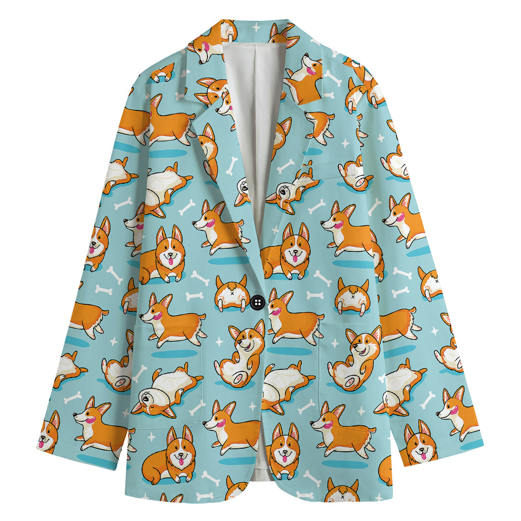 Happy Corgi Pattern Print Women's Cotton Blazer