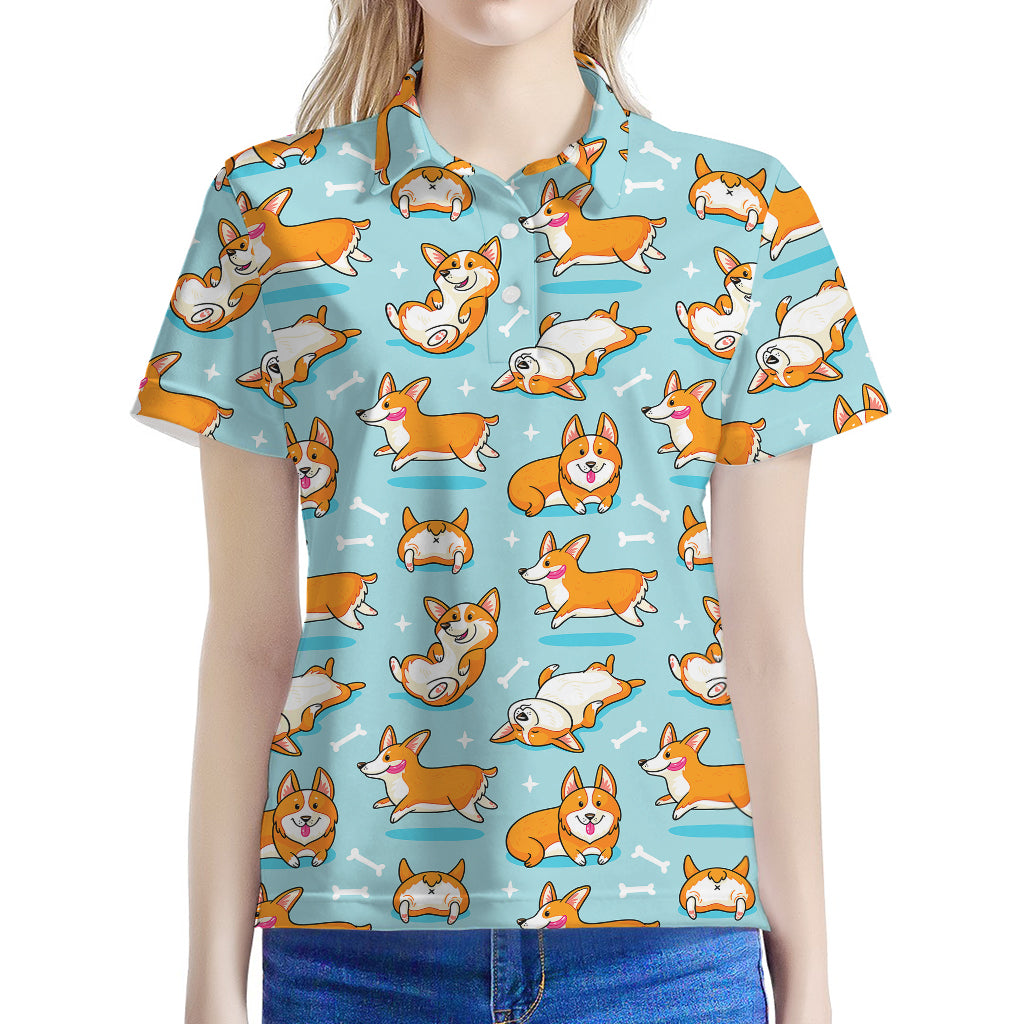 Happy Corgi Pattern Print Women's Polo Shirt