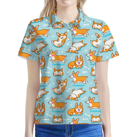 Happy Corgi Pattern Print Women's Polo Shirt