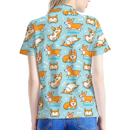 Happy Corgi Pattern Print Women's Polo Shirt