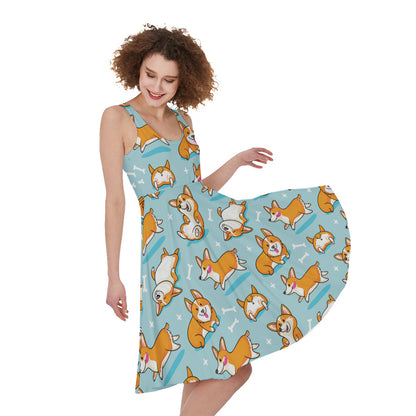 Happy Corgi Pattern Print Women's Sleeveless Dress