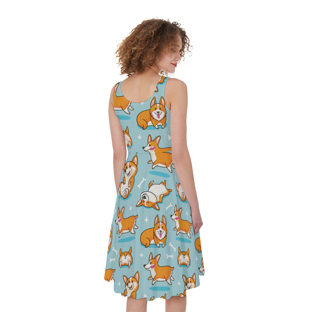 Happy Corgi Pattern Print Women's Sleeveless Dress
