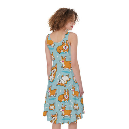 Happy Corgi Pattern Print Women's Sleeveless Dress