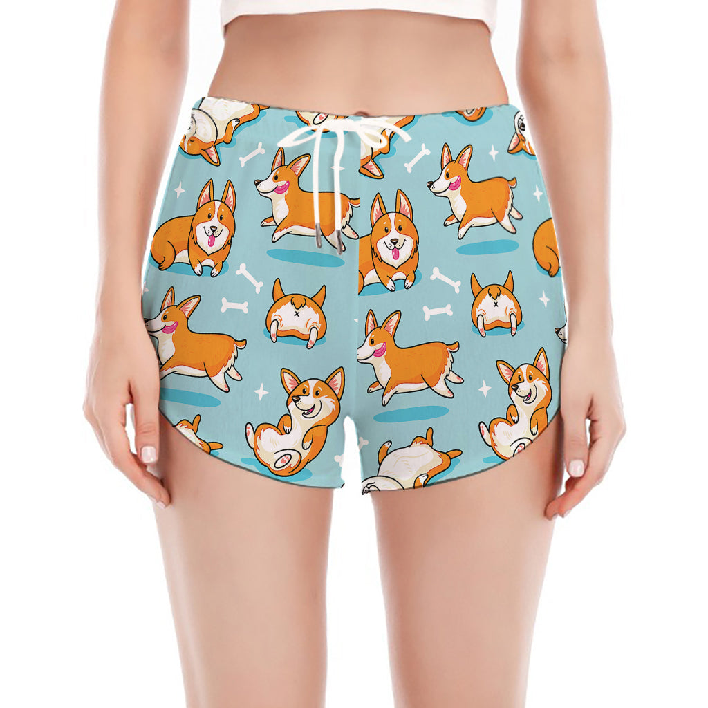Happy Corgi Pattern Print Women's Split Running Shorts