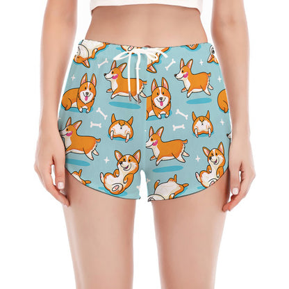 Happy Corgi Pattern Print Women's Split Running Shorts