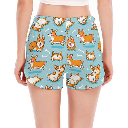 Happy Corgi Pattern Print Women's Split Running Shorts