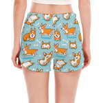 Happy Corgi Pattern Print Women's Split Running Shorts