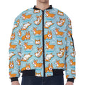 Happy Corgi Pattern Print Zip Sleeve Bomber Jacket