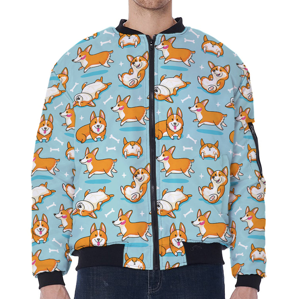Happy Corgi Pattern Print Zip Sleeve Bomber Jacket