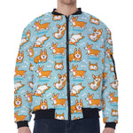 Happy Corgi Pattern Print Zip Sleeve Bomber Jacket