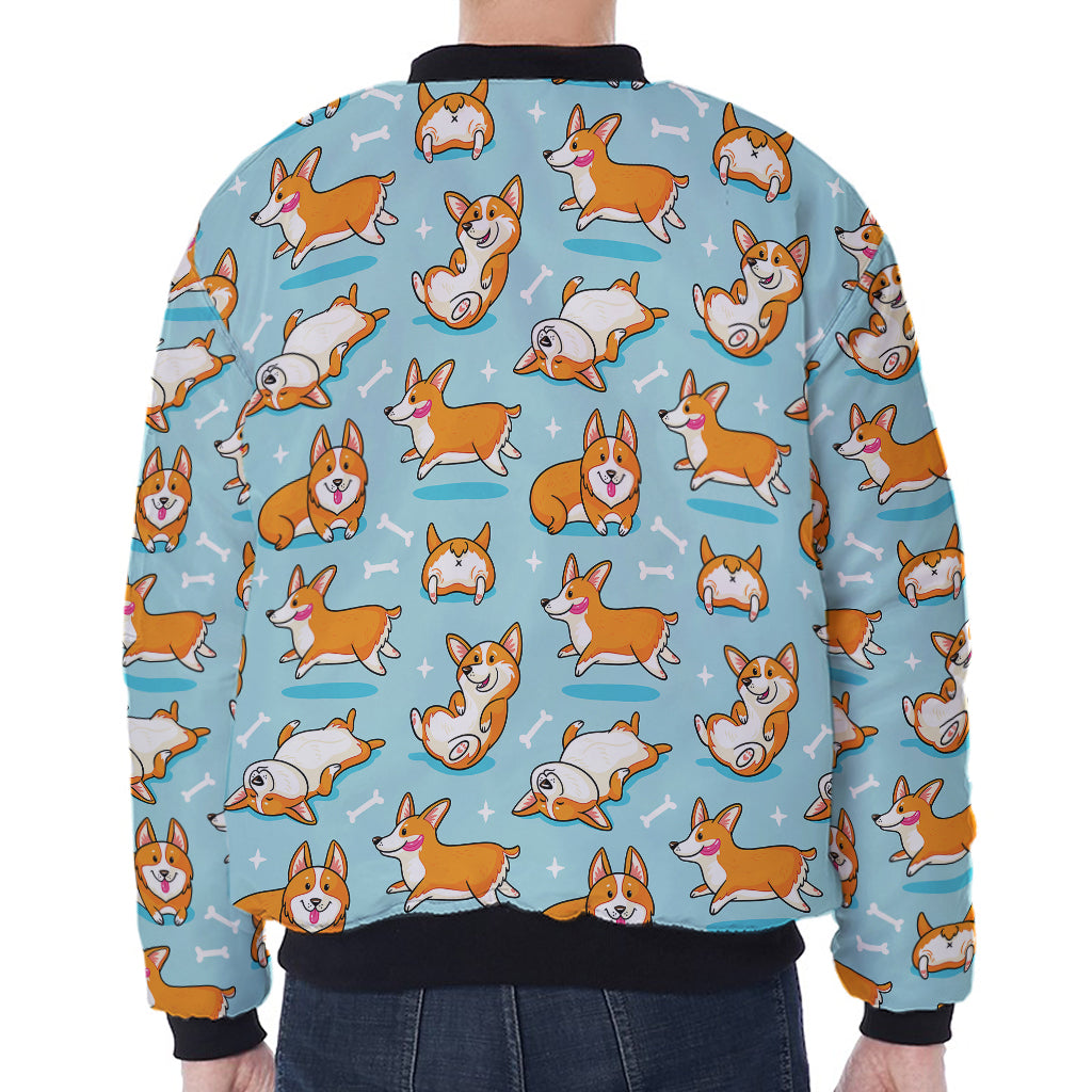 Happy Corgi Pattern Print Zip Sleeve Bomber Jacket