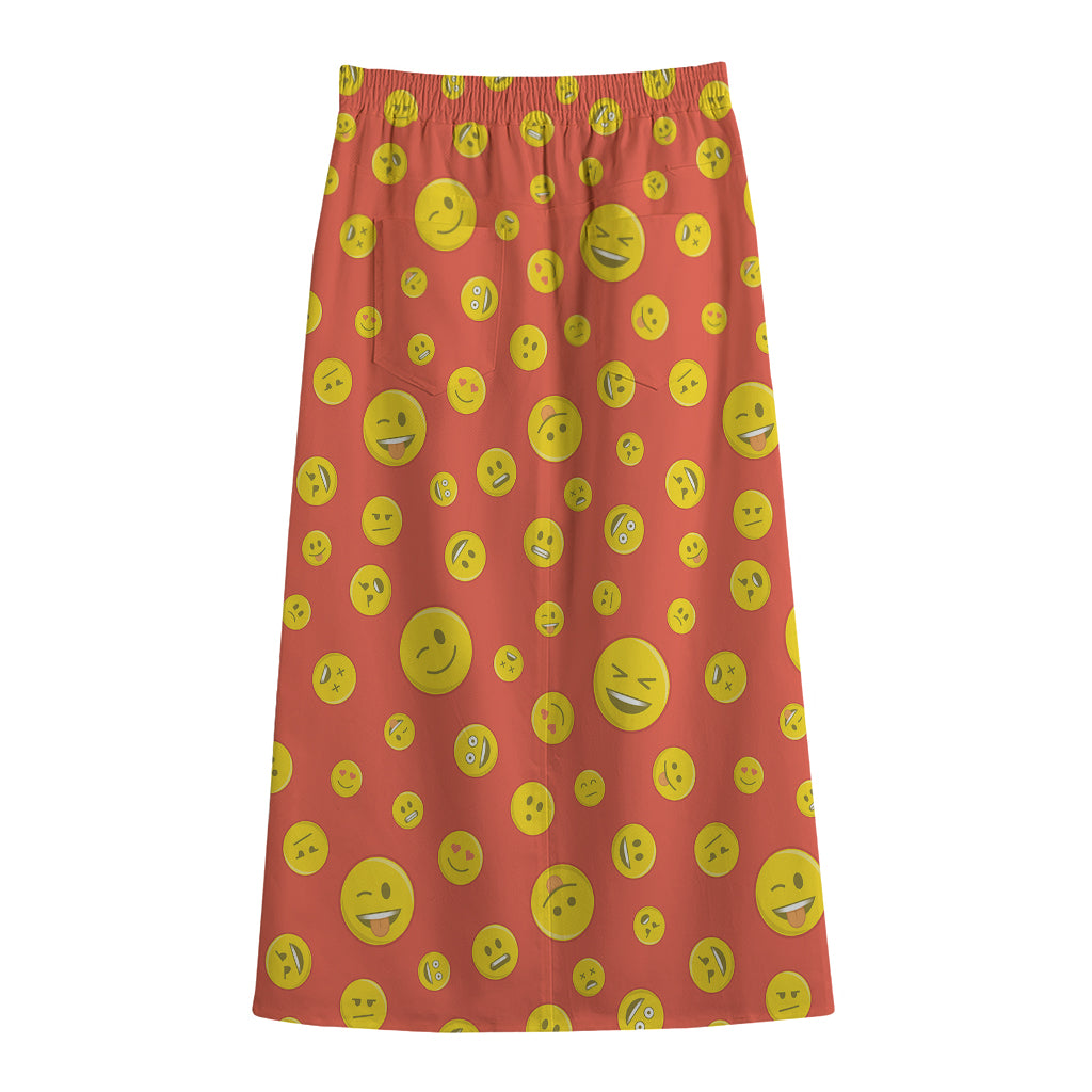 Happy Emoji Pattern Print Cotton Front Slit Maxi Skirt