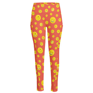 Happy Emoji Pattern Print High-Waisted Pocket Leggings