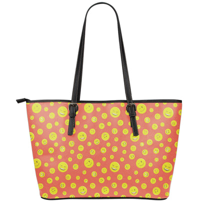 Happy Emoji Pattern Print Leather Tote Bag