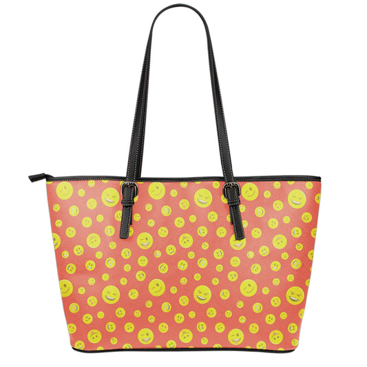 Happy Emoji Pattern Print Leather Tote Bag