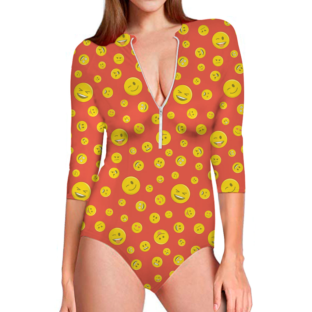 Happy Emoji Pattern Print Long Sleeve Swimsuit