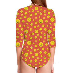 Happy Emoji Pattern Print Long Sleeve Swimsuit