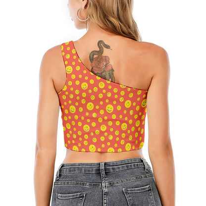 Happy Emoji Pattern Print One Shoulder Crop Top