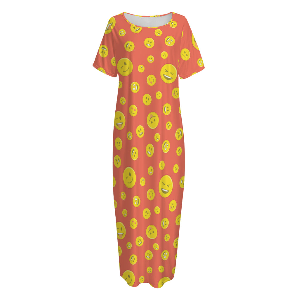 Happy Emoji Pattern Print Short Sleeve Long Nightdress