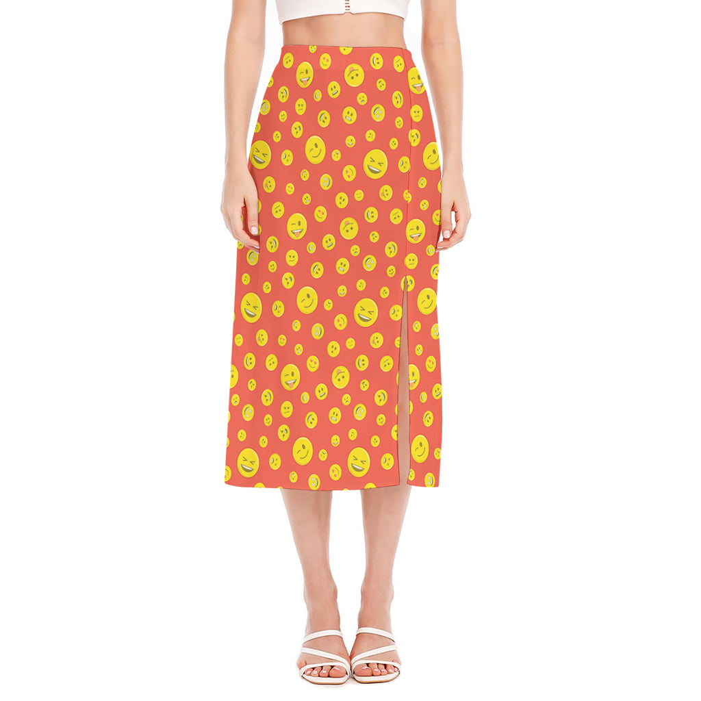 Happy Emoji Pattern Print Side Slit Midi Skirt