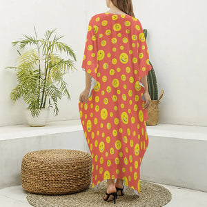 Happy Emoji Pattern Print Silk V-Neck Kaftan Dress