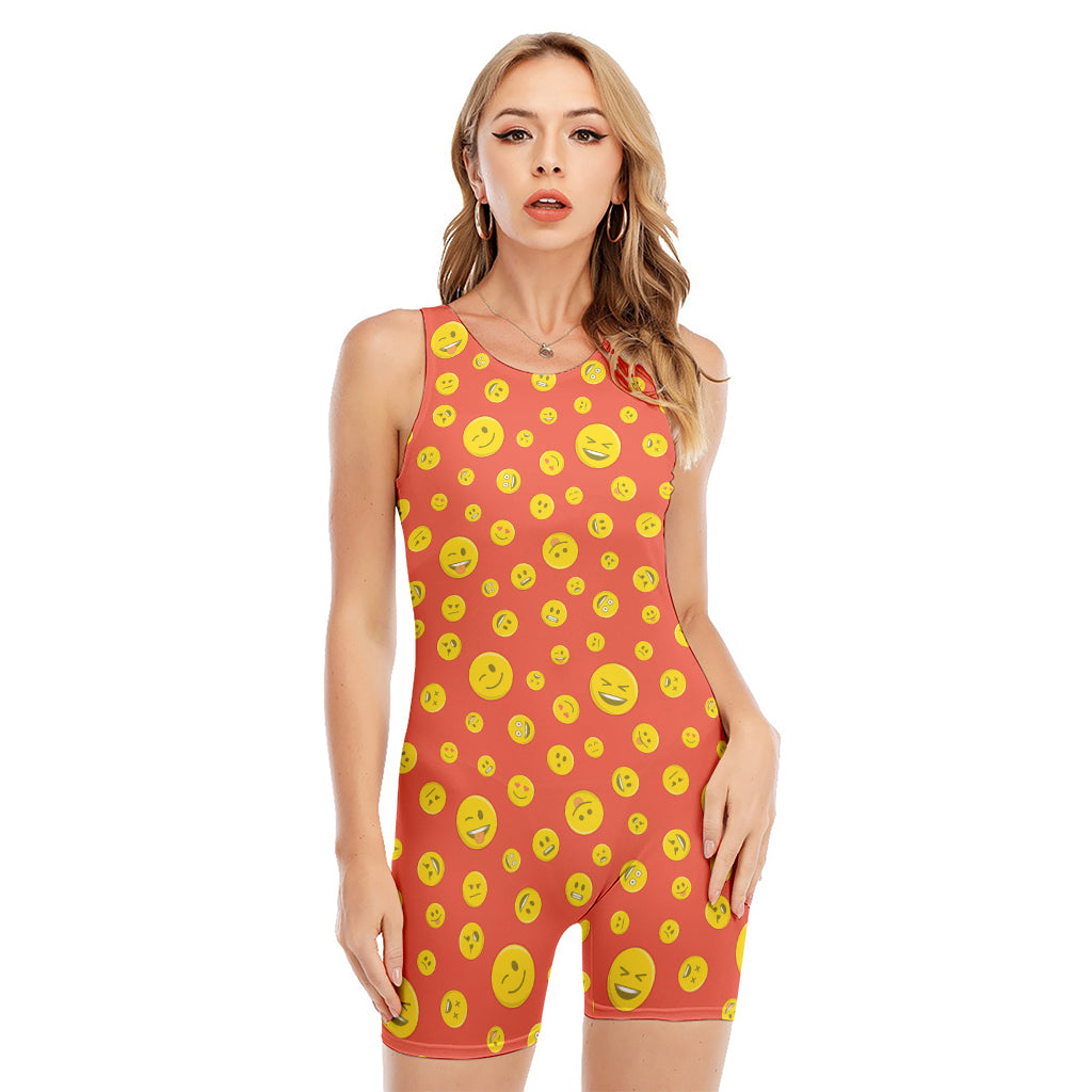 Happy Emoji Pattern Print Sleeveless One Piece Swimsuit