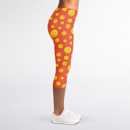Happy Emoji Pattern Print Women's Capri Leggings
