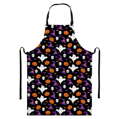 Happy Halloween Ghost Pattern Print Bib Apron With Pocket