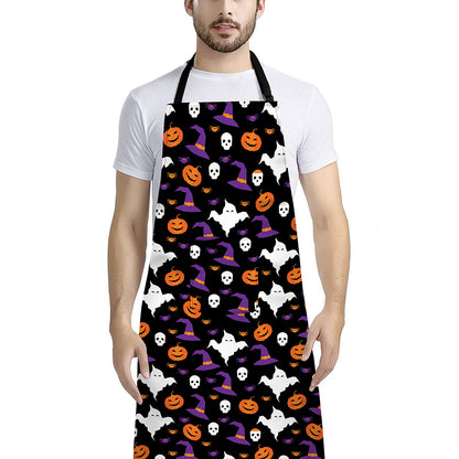 Happy Halloween Ghost Pattern Print Bib Apron With Pocket