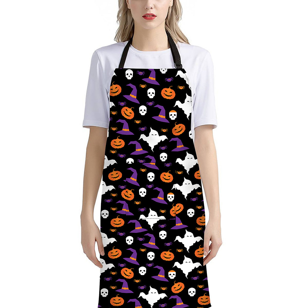 Happy Halloween Ghost Pattern Print Bib Apron With Pocket