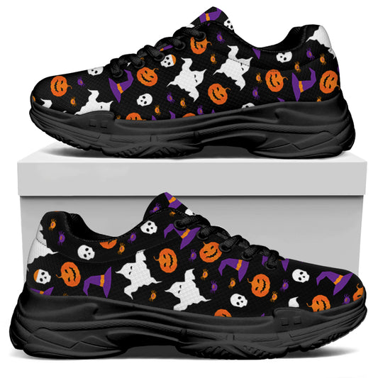 Happy Halloween Ghost Pattern Print Black Chunky Shoes