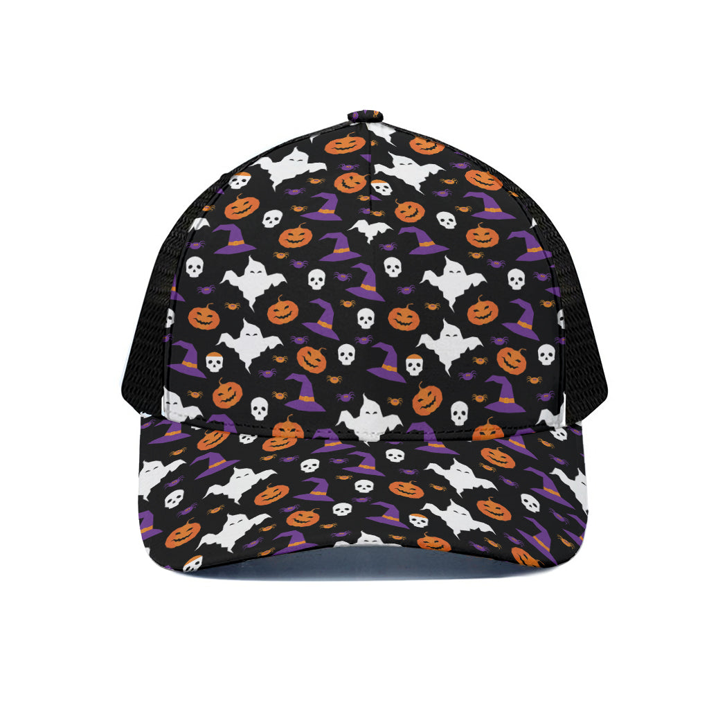 Happy Halloween Ghost Pattern Print Black Mesh Trucker Cap