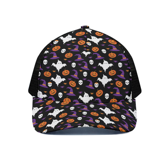 Happy Halloween Ghost Pattern Print Black Mesh Trucker Cap