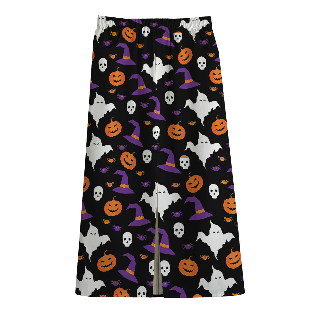 Happy Halloween Ghost Pattern Print Cotton Front Slit Maxi Skirt