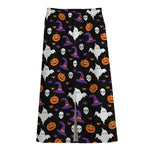 Happy Halloween Ghost Pattern Print Cotton Front Slit Maxi Skirt