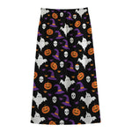 Happy Halloween Ghost Pattern Print Cotton Front Slit Maxi Skirt