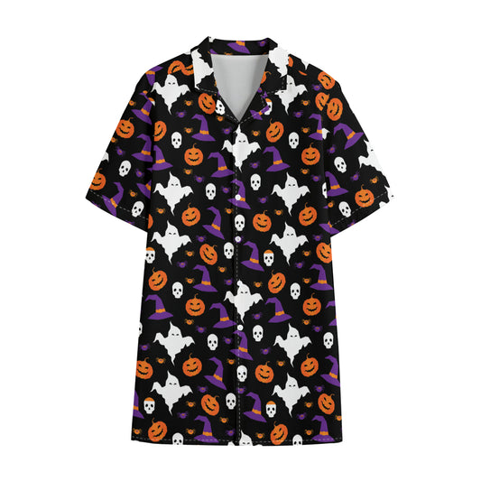 Happy Halloween Ghost Pattern Print Cotton Hawaiian Shirt