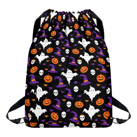 Happy Halloween Ghost Pattern Print Drawstring Backpack