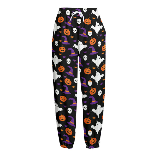Happy Halloween Ghost Pattern Print Fleece Lined Knit Pants